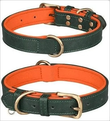 Leather Dog Collar - Adjustable Strong& Durable - Olive green/Orange