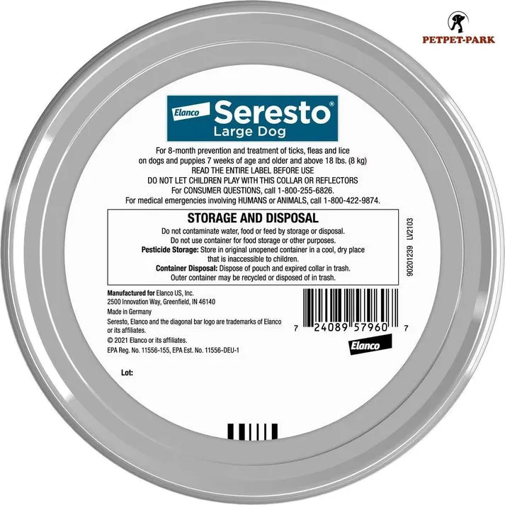 Protection approved by the veterinarian: Bayer Elanco Seresto Collar protects dogs of all sizes against fleas and ticks for 8 months