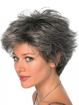 Capless Conservative Look Black Gray Wig