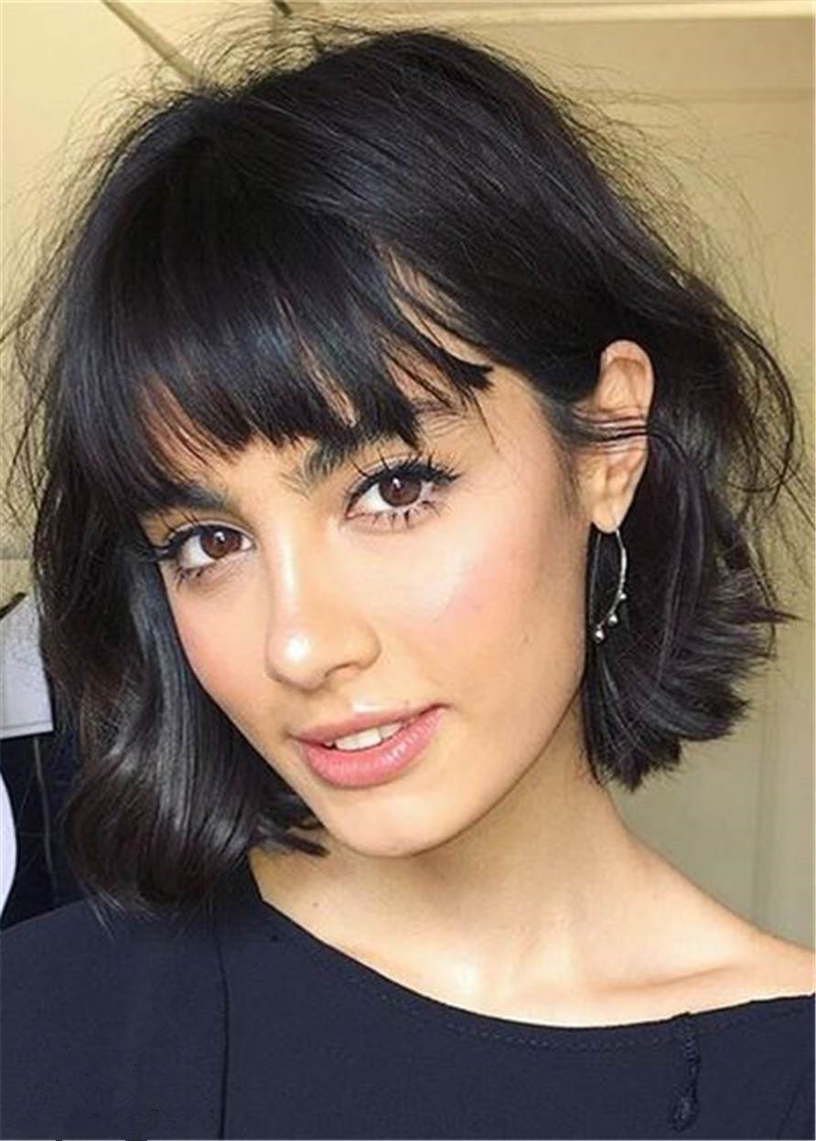 Tremendous Short With Bangs Straight Bob Human Hair Capless Wigs